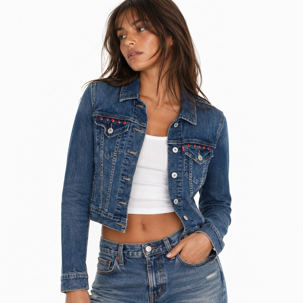 Levi's Cropped Trucker Denim Jacket Medium Wash Studded Western Size S